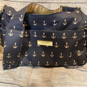 Ju Ju Be Shoulder Diaper Bag with Changing Pad, blue & gold anchor print